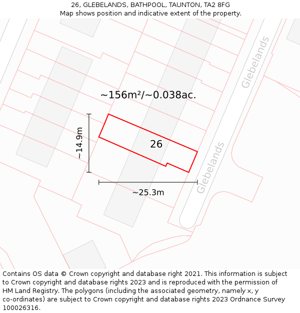 26, GLEBELANDS, BATHPOOL, TAUNTON, TA2 8FG: Plot and title map