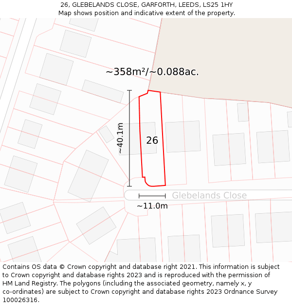 26, GLEBELANDS CLOSE, GARFORTH, LEEDS, LS25 1HY: Plot and title map