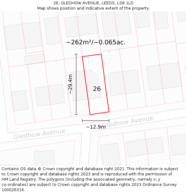 26, GLEDHOW AVENUE, LEEDS, LS8 1LD: Plot and title map