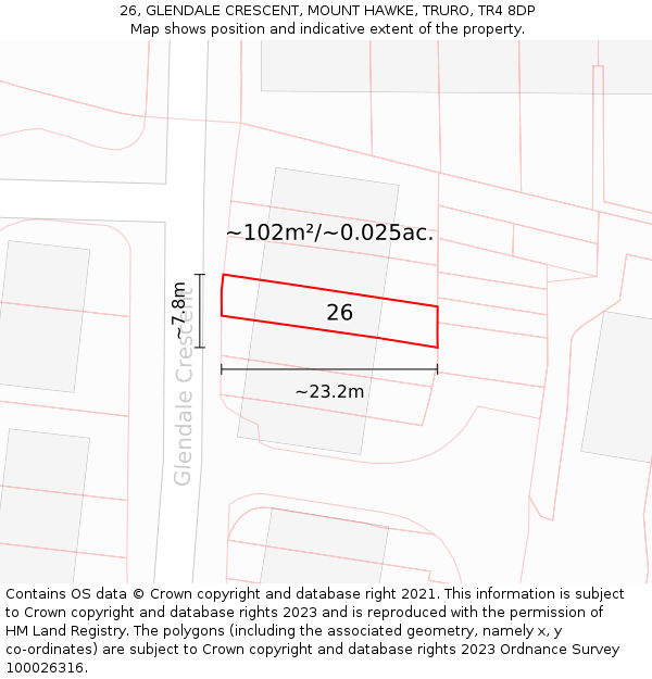 26, GLENDALE CRESCENT, MOUNT HAWKE, TRURO, TR4 8DP: Plot and title map