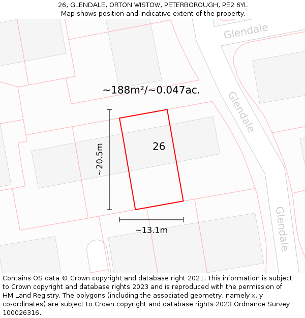26, GLENDALE, ORTON WISTOW, PETERBOROUGH, PE2 6YL: Plot and title map