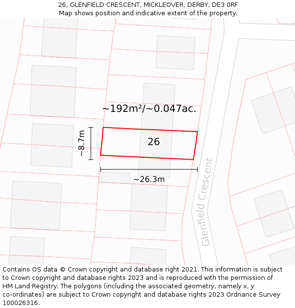 26, GLENFIELD CRESCENT, MICKLEOVER, DERBY, DE3 0RF: Plot and title map