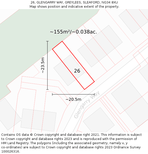26, GLENGARRY WAY, GREYLEES, SLEAFORD, NG34 8XU: Plot and title map