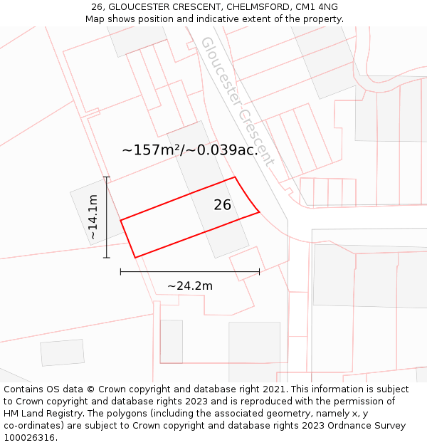 26, GLOUCESTER CRESCENT, CHELMSFORD, CM1 4NG: Plot and title map