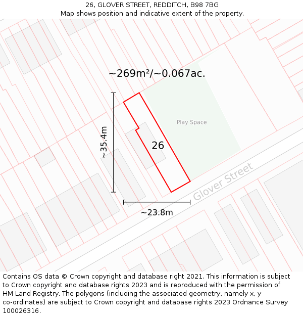 26, GLOVER STREET, REDDITCH, B98 7BG: Plot and title map