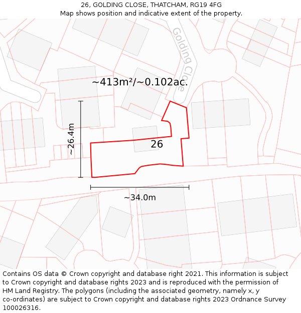 26, GOLDING CLOSE, THATCHAM, RG19 4FG: Plot and title map