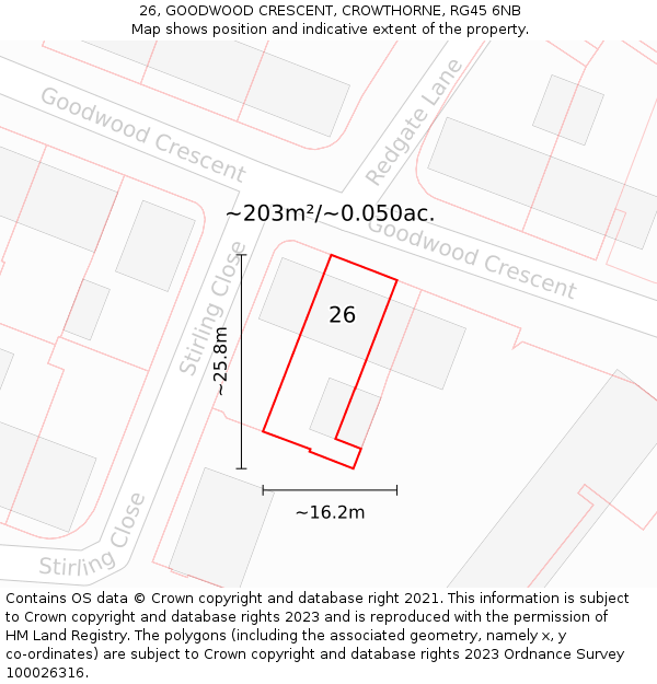 26, GOODWOOD CRESCENT, CROWTHORNE, RG45 6NB: Plot and title map