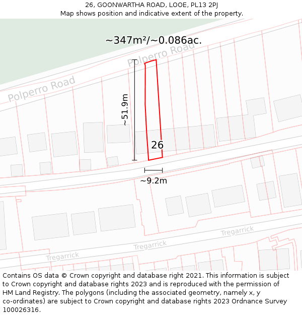26, GOONWARTHA ROAD, LOOE, PL13 2PJ: Plot and title map