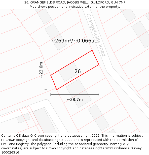 26, GRANGEFIELDS ROAD, JACOBS WELL, GUILDFORD, GU4 7NP: Plot and title map