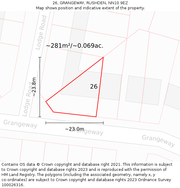 26, GRANGEWAY, RUSHDEN, NN10 9EZ: Plot and title map