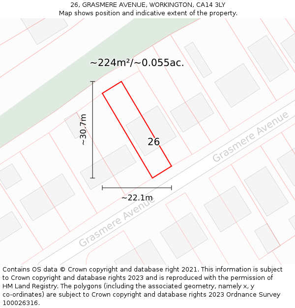 26, GRASMERE AVENUE, WORKINGTON, CA14 3LY: Plot and title map