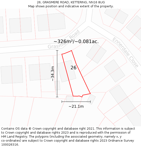 26, GRASMERE ROAD, KETTERING, NN16 8UG: Plot and title map