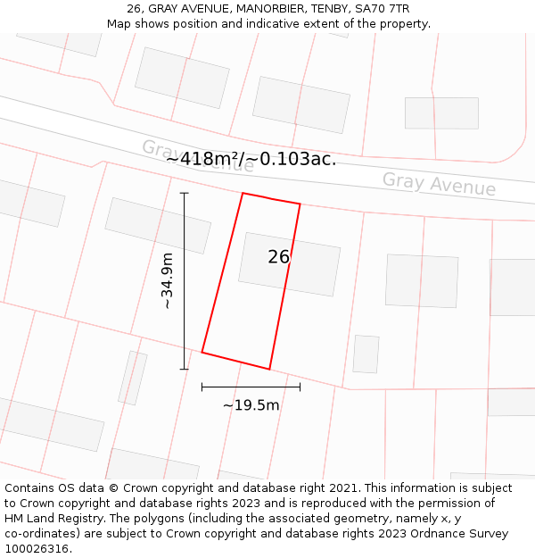 26, GRAY AVENUE, MANORBIER, TENBY, SA70 7TR: Plot and title map