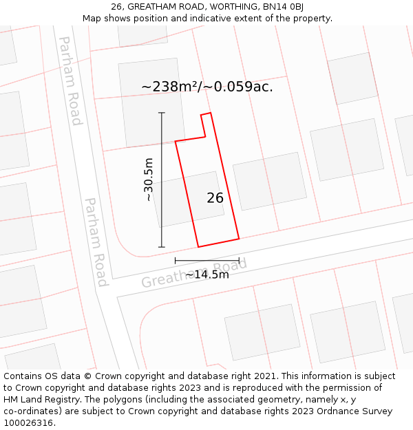 26, GREATHAM ROAD, WORTHING, BN14 0BJ: Plot and title map
