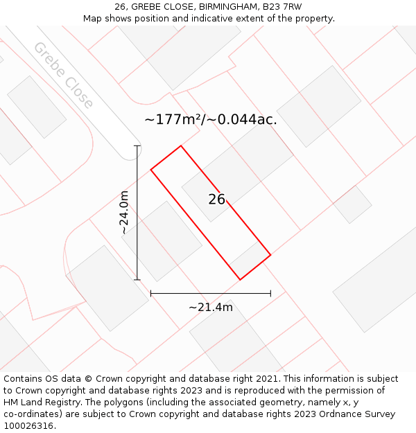 26, GREBE CLOSE, BIRMINGHAM, B23 7RW: Plot and title map