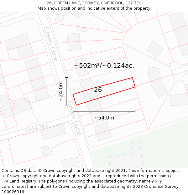 26, GREEN LANE, FORMBY, LIVERPOOL, L37 7DL: Plot and title map