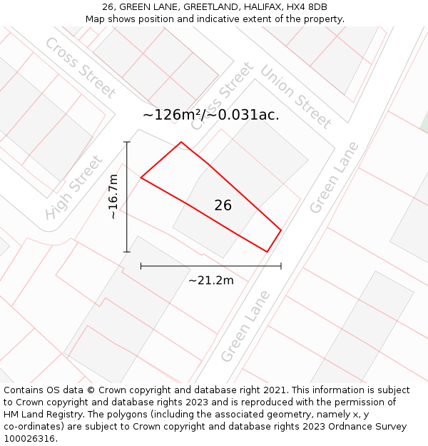 26, GREEN LANE, GREETLAND, HALIFAX, HX4 8DB: Plot and title map