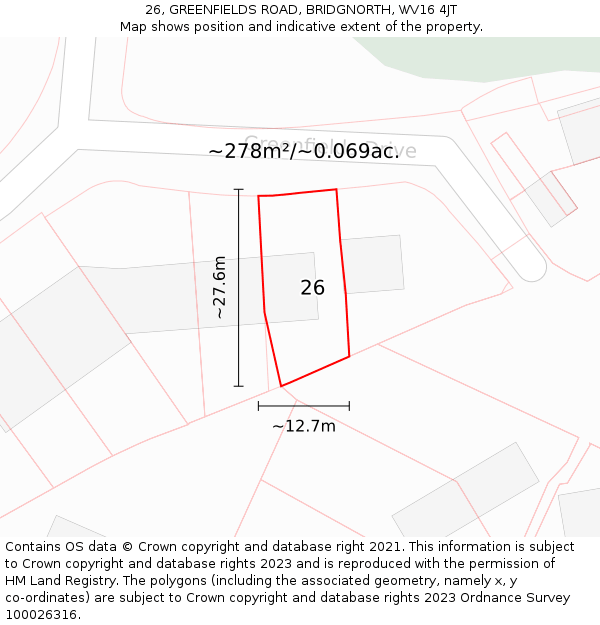 26, GREENFIELDS ROAD, BRIDGNORTH, WV16 4JT: Plot and title map