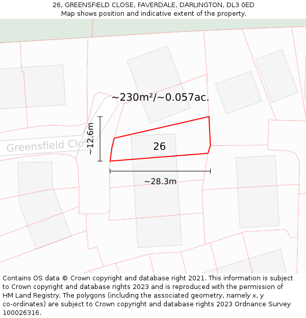 26, GREENSFIELD CLOSE, FAVERDALE, DARLINGTON, DL3 0ED: Plot and title map
