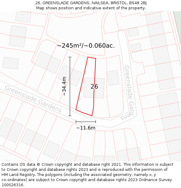 26, GREENSLADE GARDENS, NAILSEA, BRISTOL, BS48 2BJ: Plot and title map
