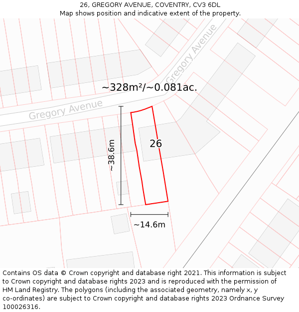 26, GREGORY AVENUE, COVENTRY, CV3 6DL: Plot and title map