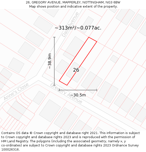 26, GREGORY AVENUE, MAPPERLEY, NOTTINGHAM, NG3 6BW: Plot and title map