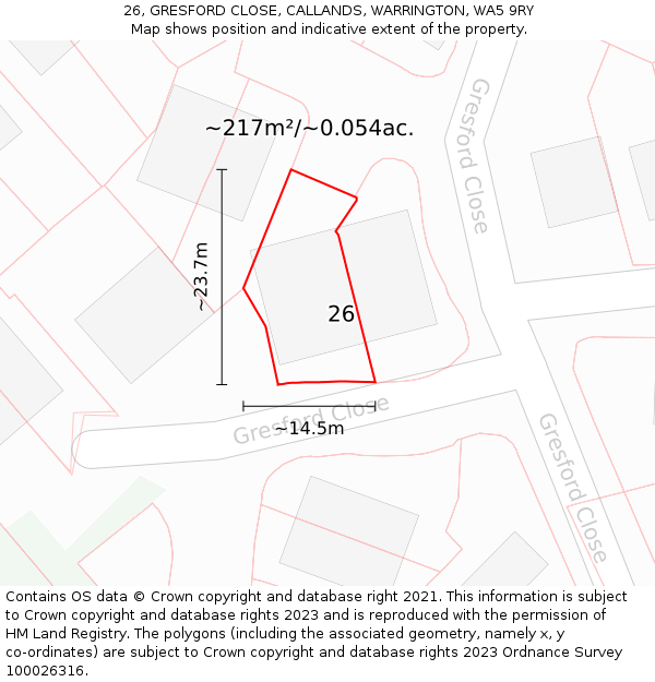 26, GRESFORD CLOSE, CALLANDS, WARRINGTON, WA5 9RY: Plot and title map