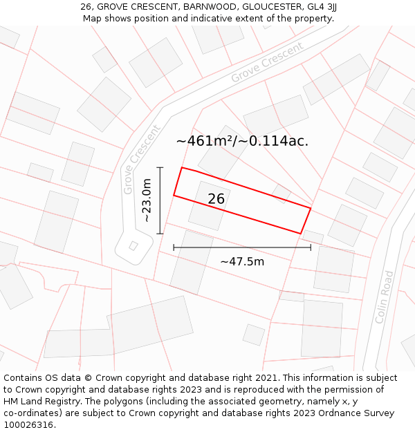26, GROVE CRESCENT, BARNWOOD, GLOUCESTER, GL4 3JJ: Plot and title map