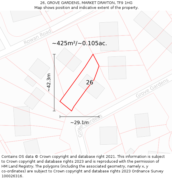 26, GROVE GARDENS, MARKET DRAYTON, TF9 1HG: Plot and title map