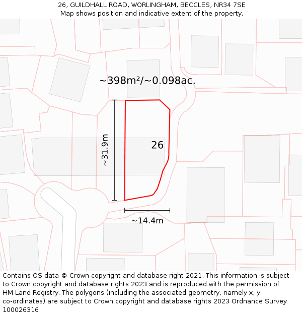 26, GUILDHALL ROAD, WORLINGHAM, BECCLES, NR34 7SE: Plot and title map