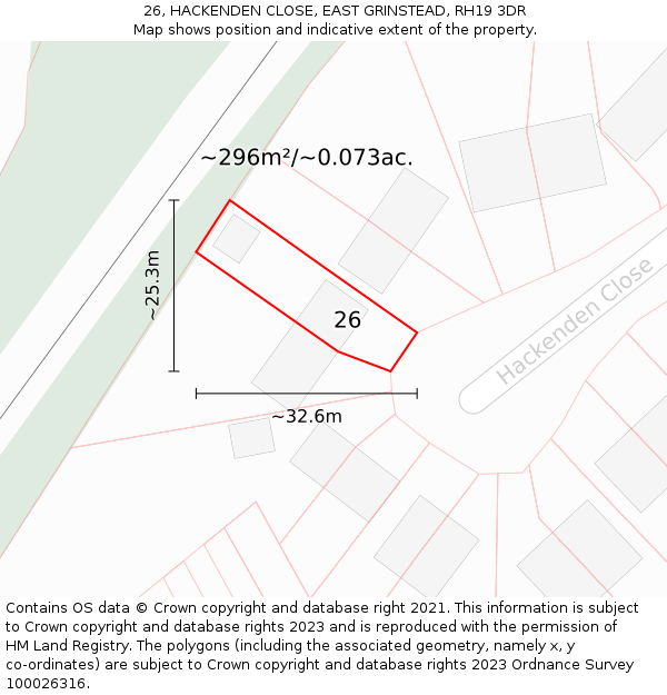 26, HACKENDEN CLOSE, EAST GRINSTEAD, RH19 3DR: Plot and title map