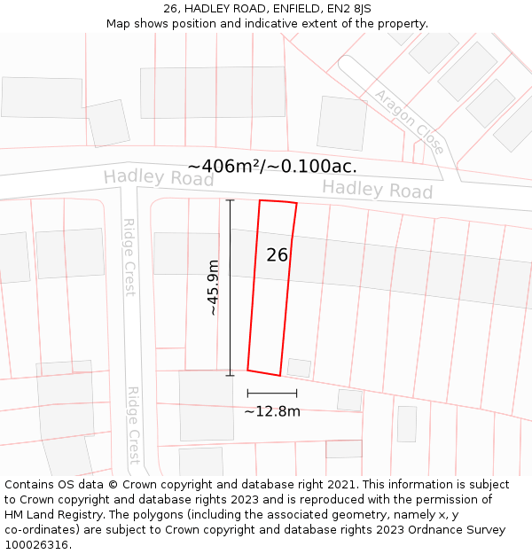 26, HADLEY ROAD, ENFIELD, EN2 8JS: Plot and title map