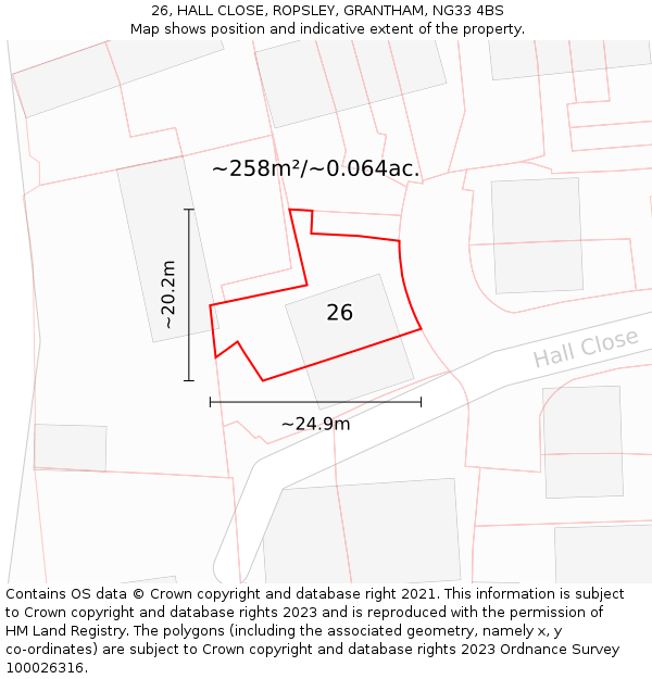 26, HALL CLOSE, ROPSLEY, GRANTHAM, NG33 4BS: Plot and title map