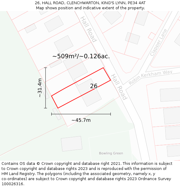 26, HALL ROAD, CLENCHWARTON, KING'S LYNN, PE34 4AT: Plot and title map