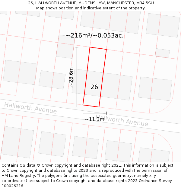 26, HALLWORTH AVENUE, AUDENSHAW, MANCHESTER, M34 5SU: Plot and title map
