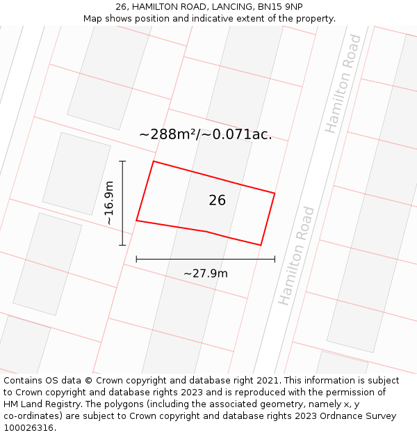 26, HAMILTON ROAD, LANCING, BN15 9NP: Plot and title map