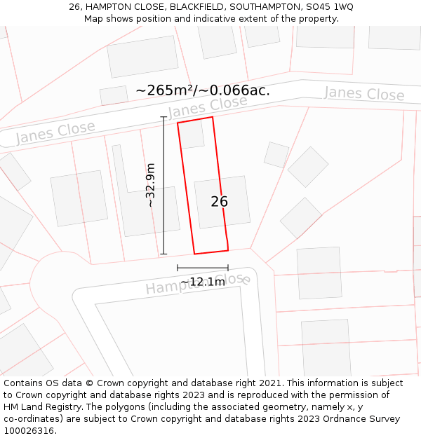 26, HAMPTON CLOSE, BLACKFIELD, SOUTHAMPTON, SO45 1WQ: Plot and title map