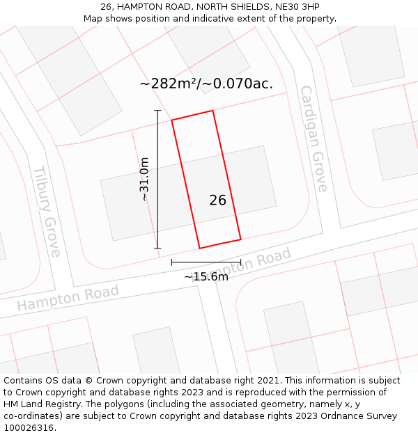 26, HAMPTON ROAD, NORTH SHIELDS, NE30 3HP: Plot and title map