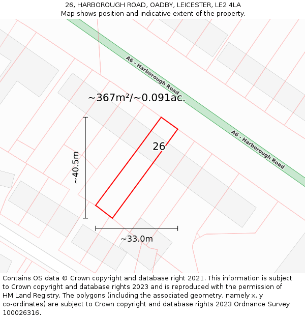 26, HARBOROUGH ROAD, OADBY, LEICESTER, LE2 4LA: Plot and title map