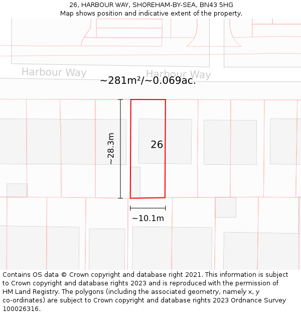 26, HARBOUR WAY, SHOREHAM-BY-SEA, BN43 5HG: Plot and title map