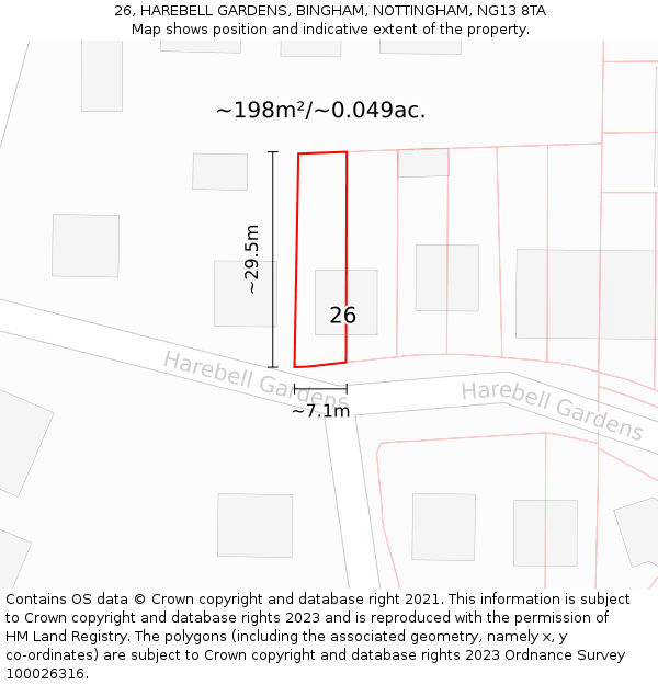 26, HAREBELL GARDENS, BINGHAM, NOTTINGHAM, NG13 8TA: Plot and title map
