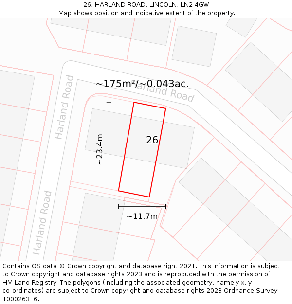 26, HARLAND ROAD, LINCOLN, LN2 4GW: Plot and title map