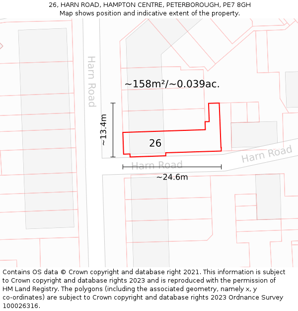 26, HARN ROAD, HAMPTON CENTRE, PETERBOROUGH, PE7 8GH: Plot and title map