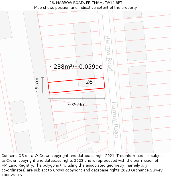 26, HARROW ROAD, FELTHAM, TW14 8RT: Plot and title map