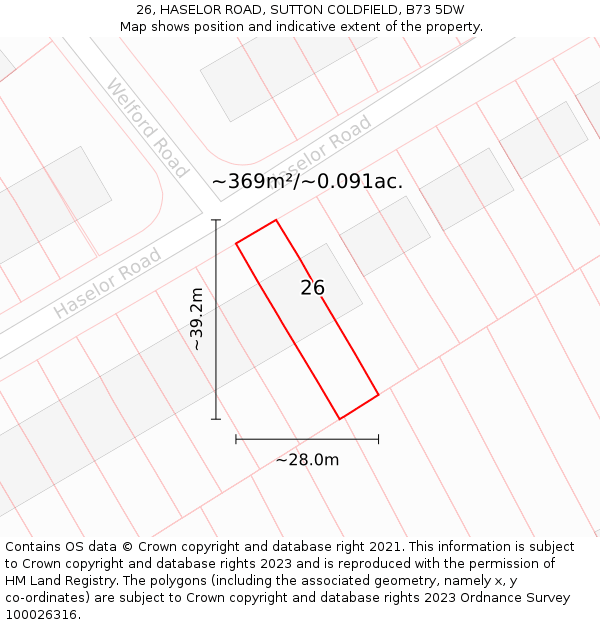 26, HASELOR ROAD, SUTTON COLDFIELD, B73 5DW: Plot and title map