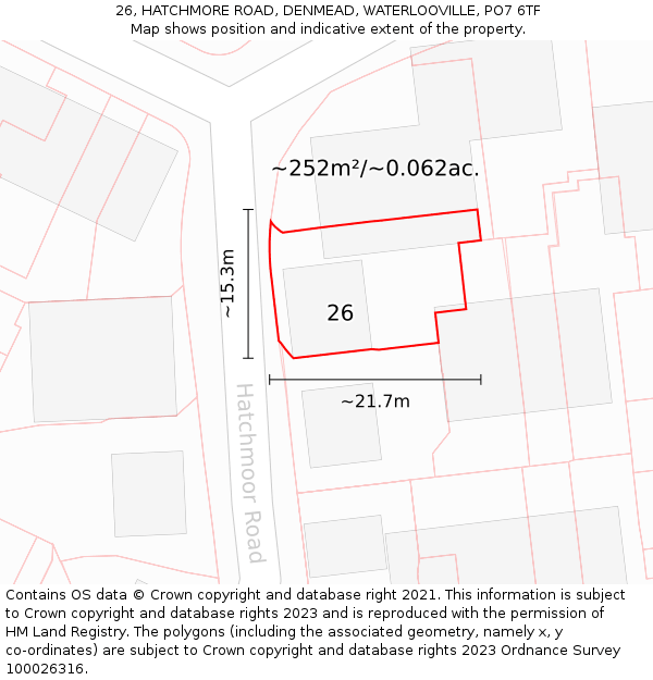 26, HATCHMORE ROAD, DENMEAD, WATERLOOVILLE, PO7 6TF: Plot and title map