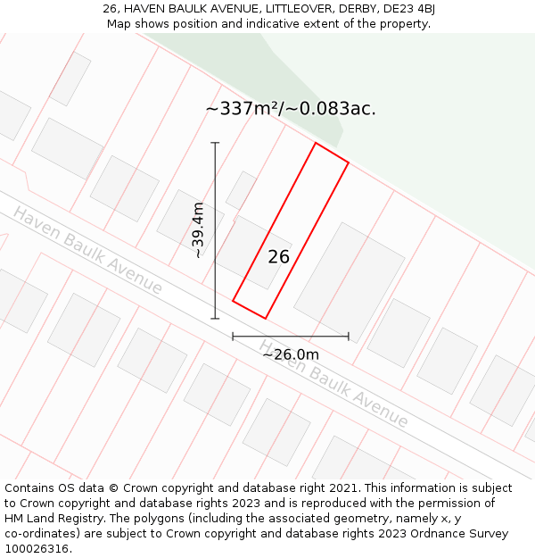 26, HAVEN BAULK AVENUE, LITTLEOVER, DERBY, DE23 4BJ: Plot and title map