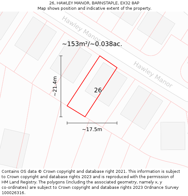26, HAWLEY MANOR, BARNSTAPLE, EX32 8AP: Plot and title map