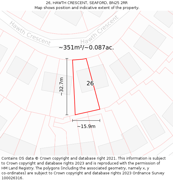 26, HAWTH CRESCENT, SEAFORD, BN25 2RR: Plot and title map