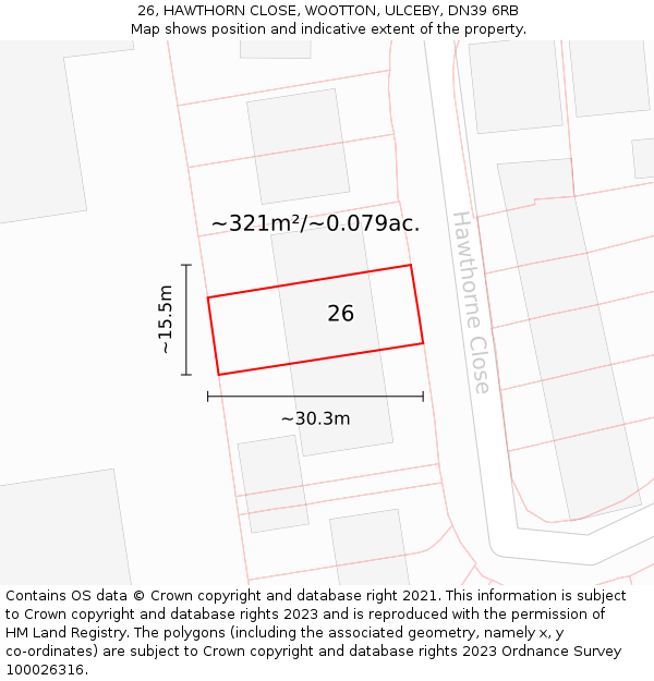 26, HAWTHORN CLOSE, WOOTTON, ULCEBY, DN39 6RB: Plot and title map